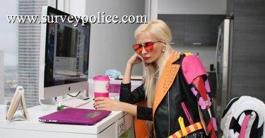 Fabulously dressed woman sitting at computer taking surveys