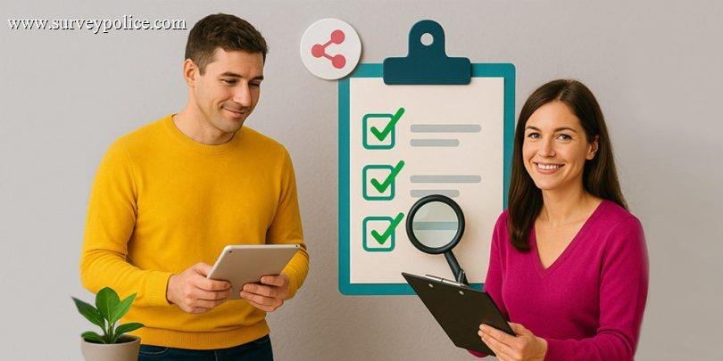 Man and woman in front of clipboard illustrating survey strategies